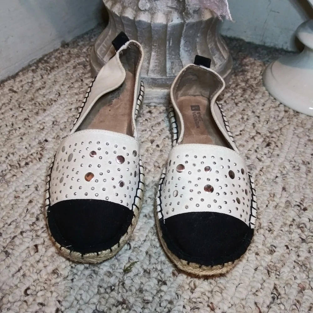 White Mountain Alfresco Cream & Black Silver Studded Espadrille Flats - Picture 2 of 12